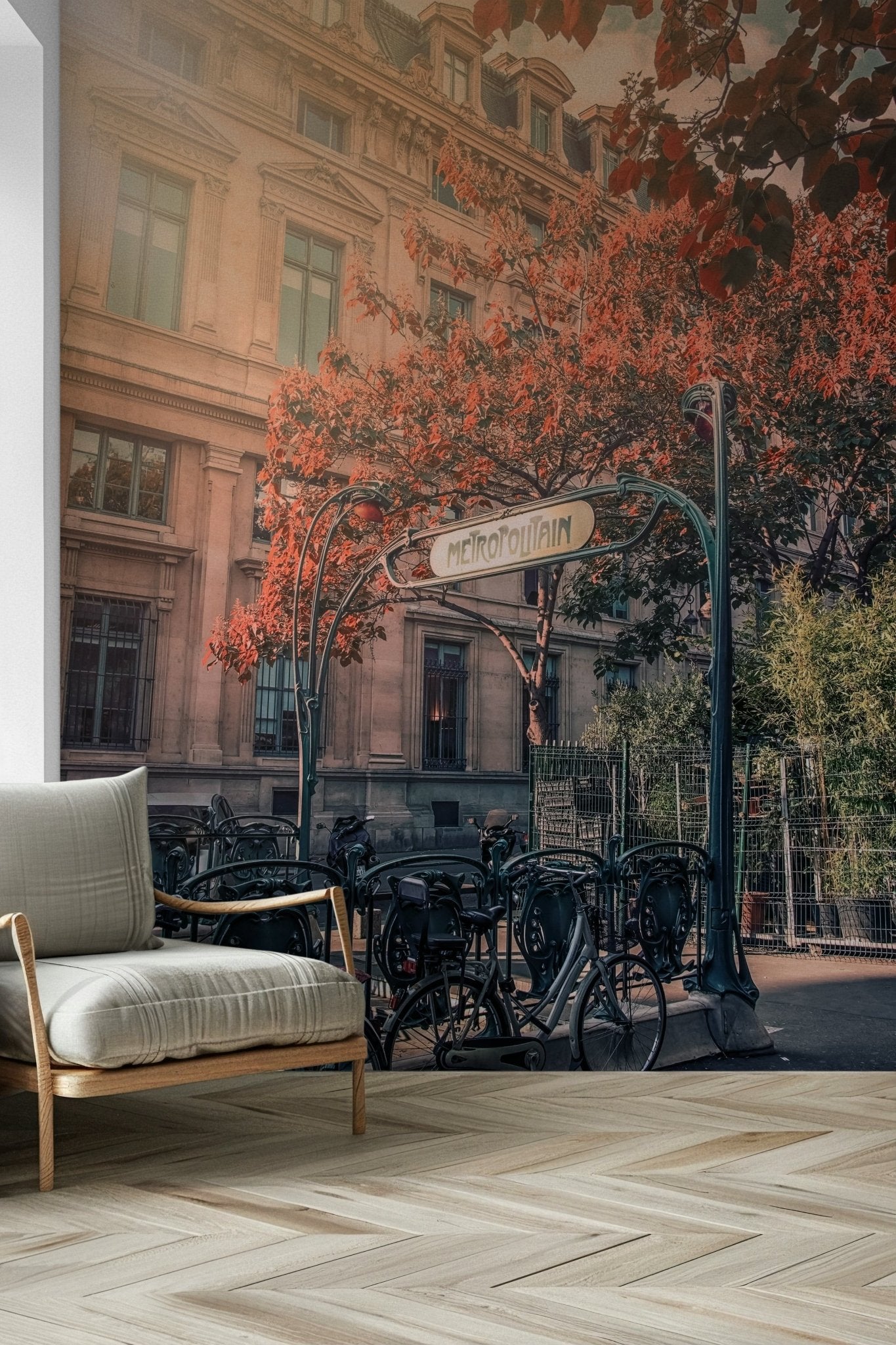 Parisian Metro Charm wall art, vintage bikes, sepia architectural style.