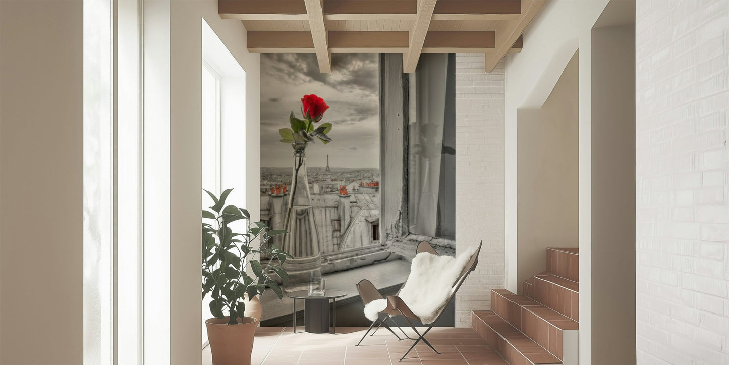 Serene Parisian Romance wallpaper mural captures grayscale morning light through glass.