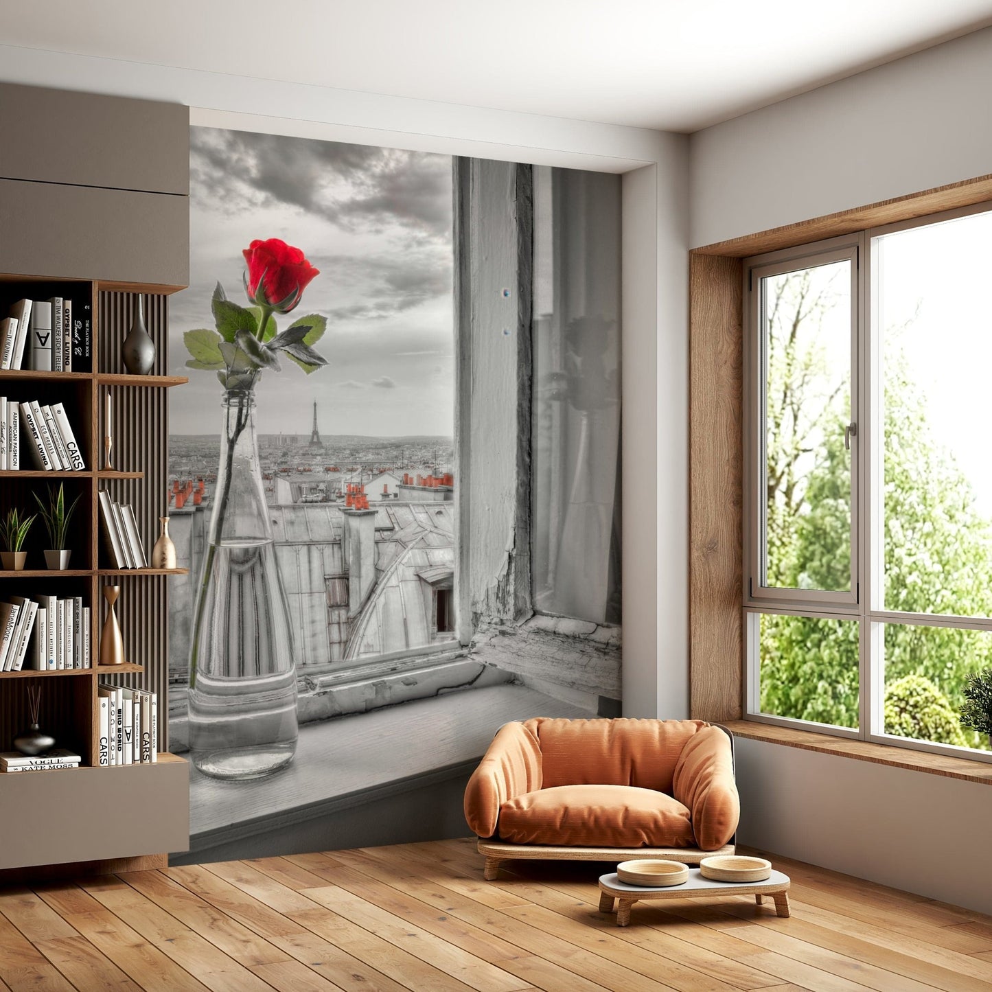 Moody Parisian Romance wallpaper mural offers balcony views of iron landmarks.