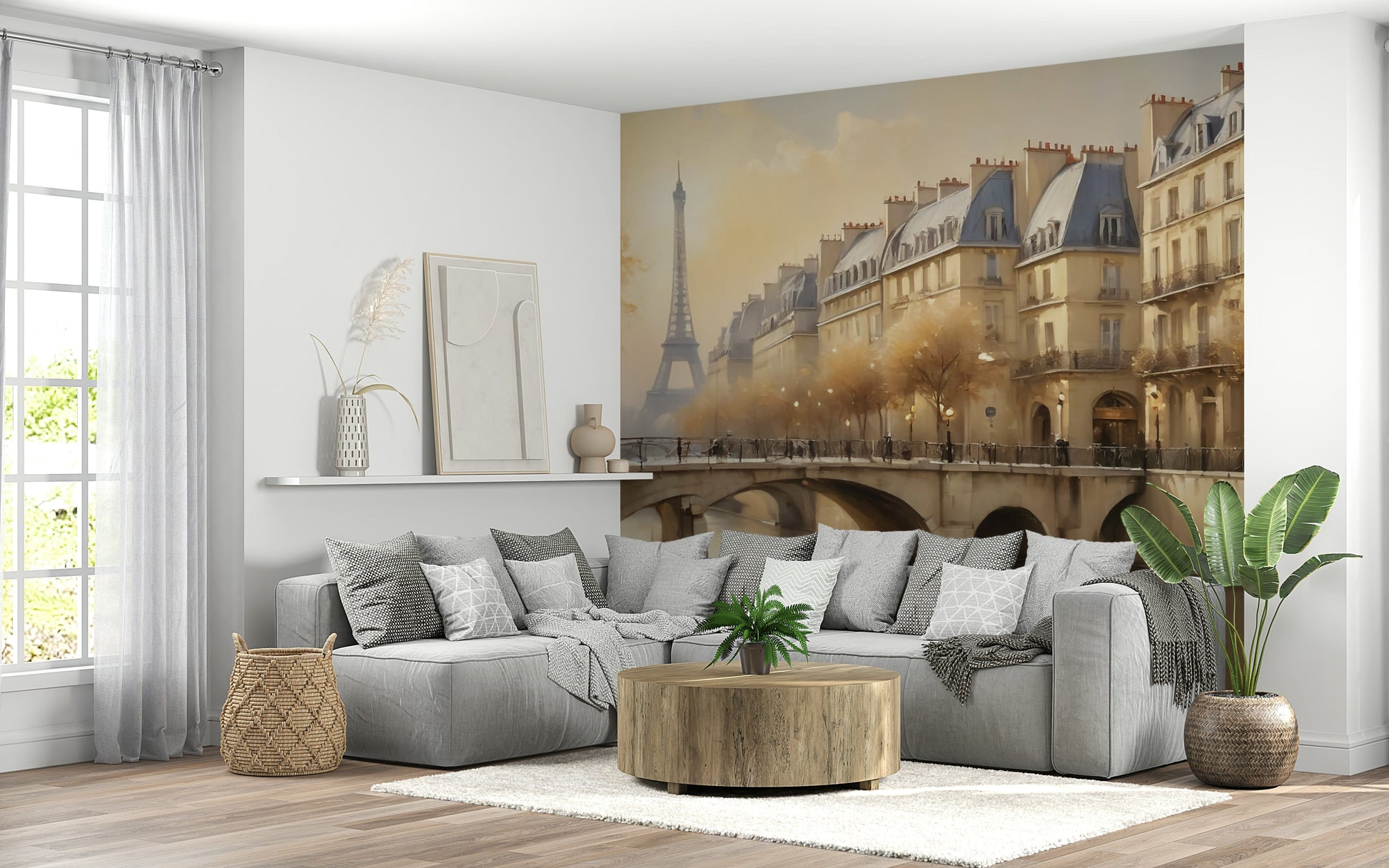 Neutral toned Paris street scene wallpaper in a bright high-rise apartment bedroom.
