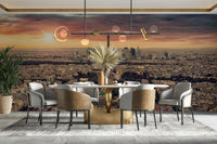 A peaceful open sky mural on decorative wallpaper.

