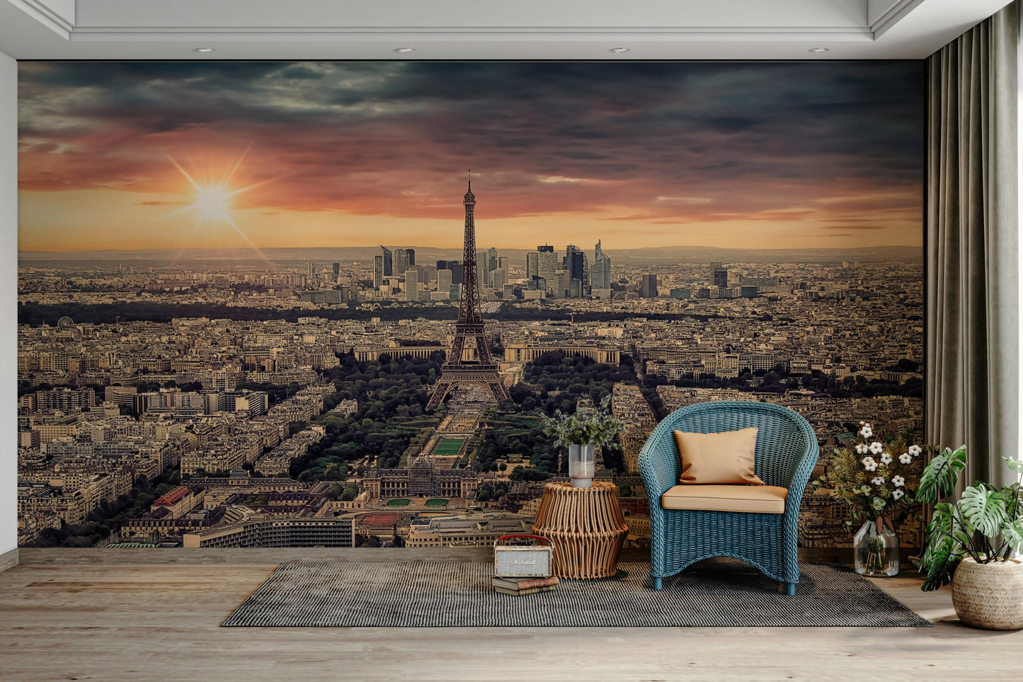 An artistic elegant city mural on minimalist wallpaper.

