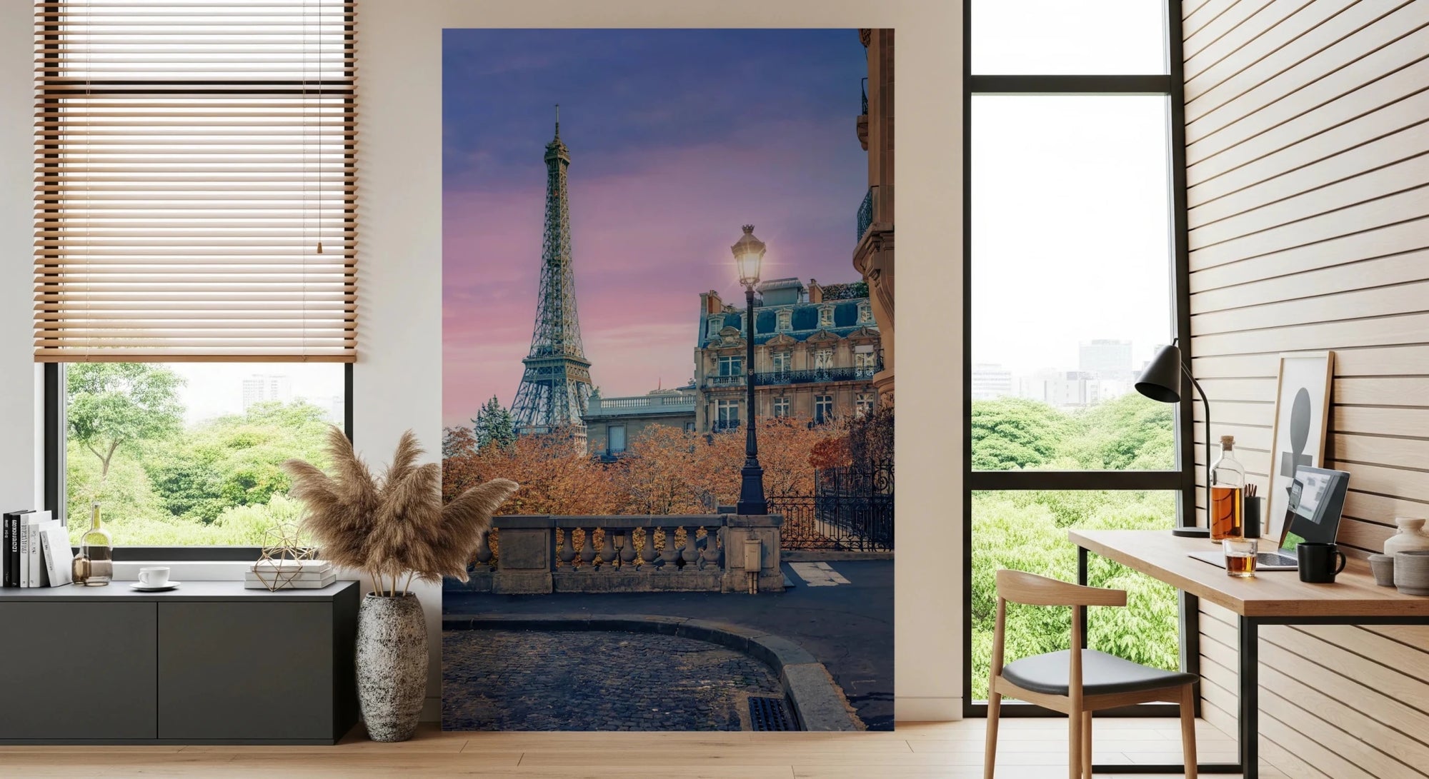 Parisian Twilight wallpaper mural of the Eiffel Tower at pink dusk beside a home office desk and chair