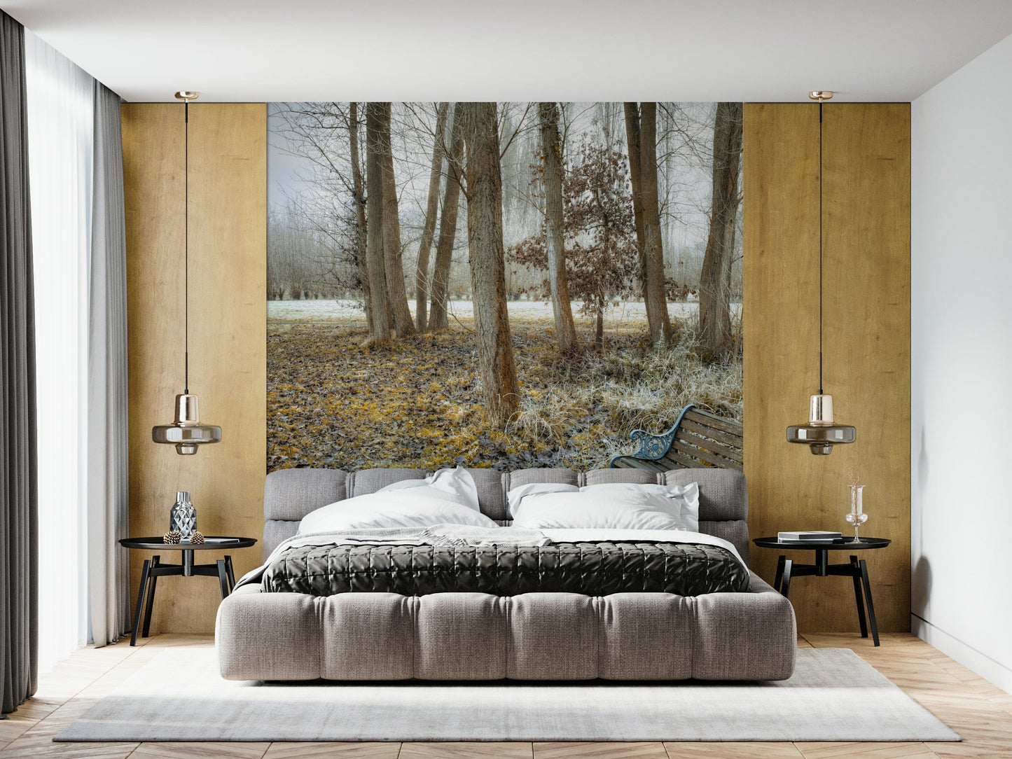 Ornate Bench at Park furniture mural, seasonal parkland vista.