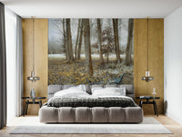 Ornate Bench at Park furniture mural, seasonal parkland vista.