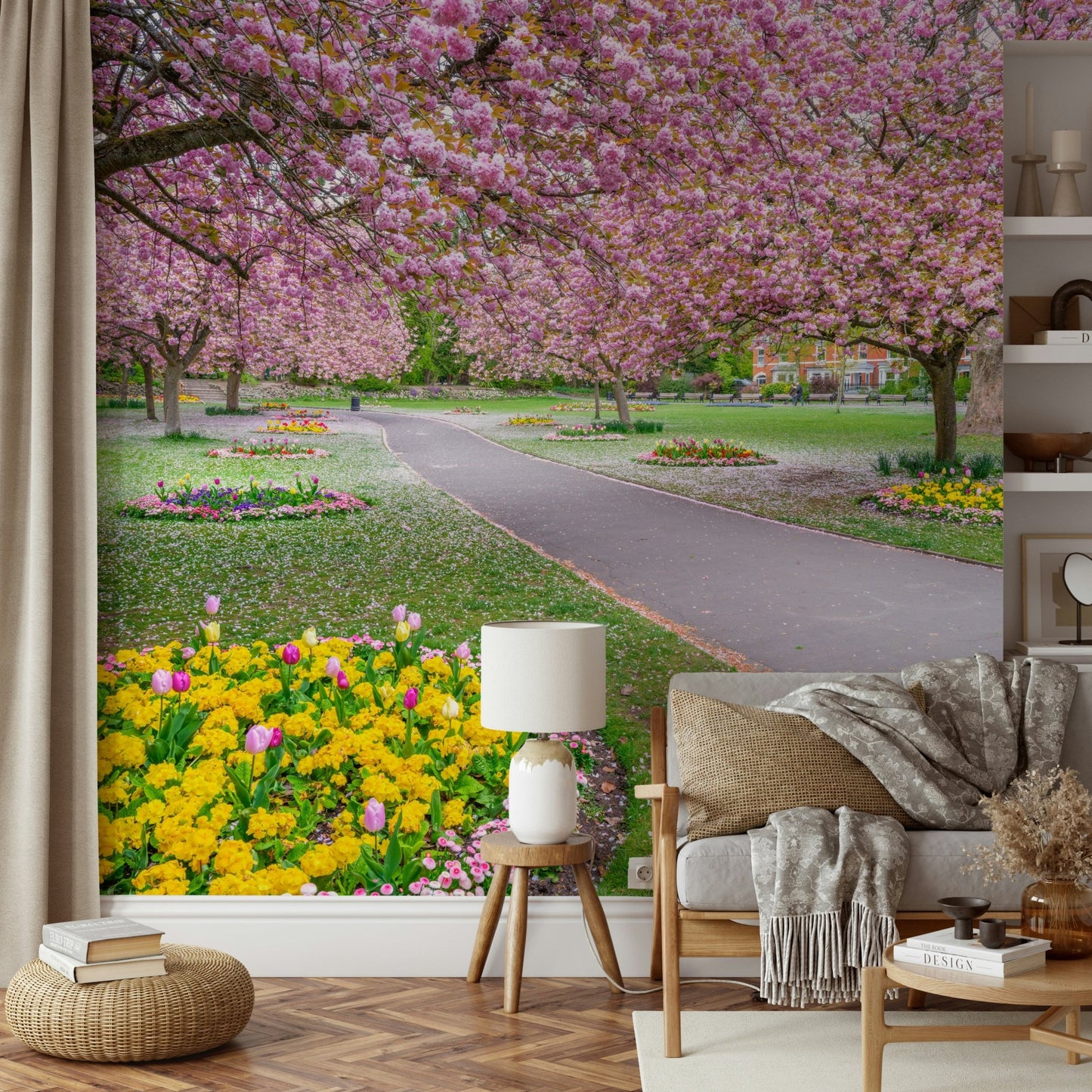 Vibrant park wallpaper with pink blossoms

