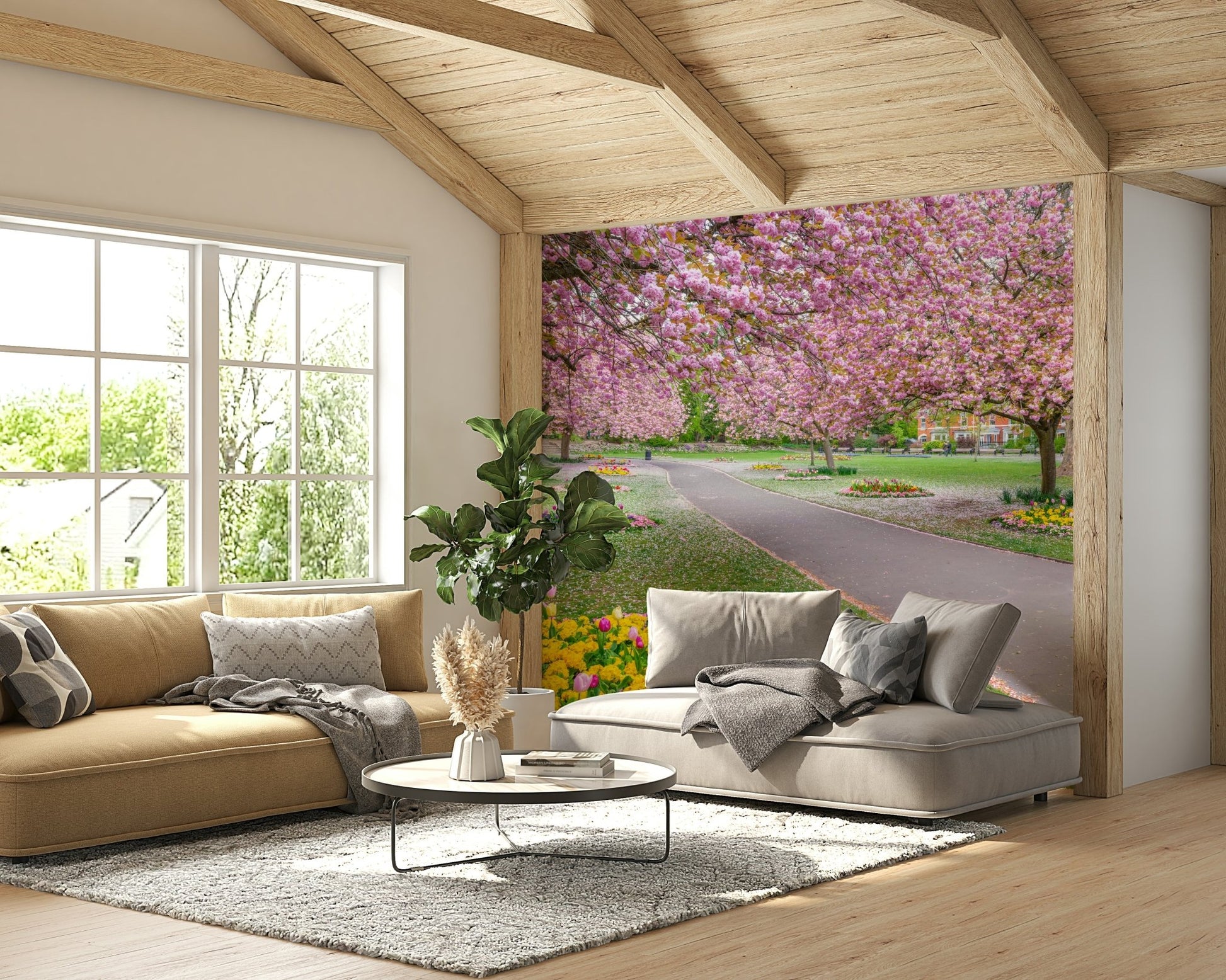 Blooming trees and colorful flowers wallpaper

