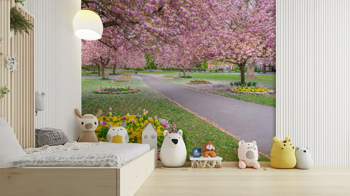 Spring park mural with flower-filled landscape

