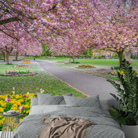 Mural of trees with petals falling on garden path

