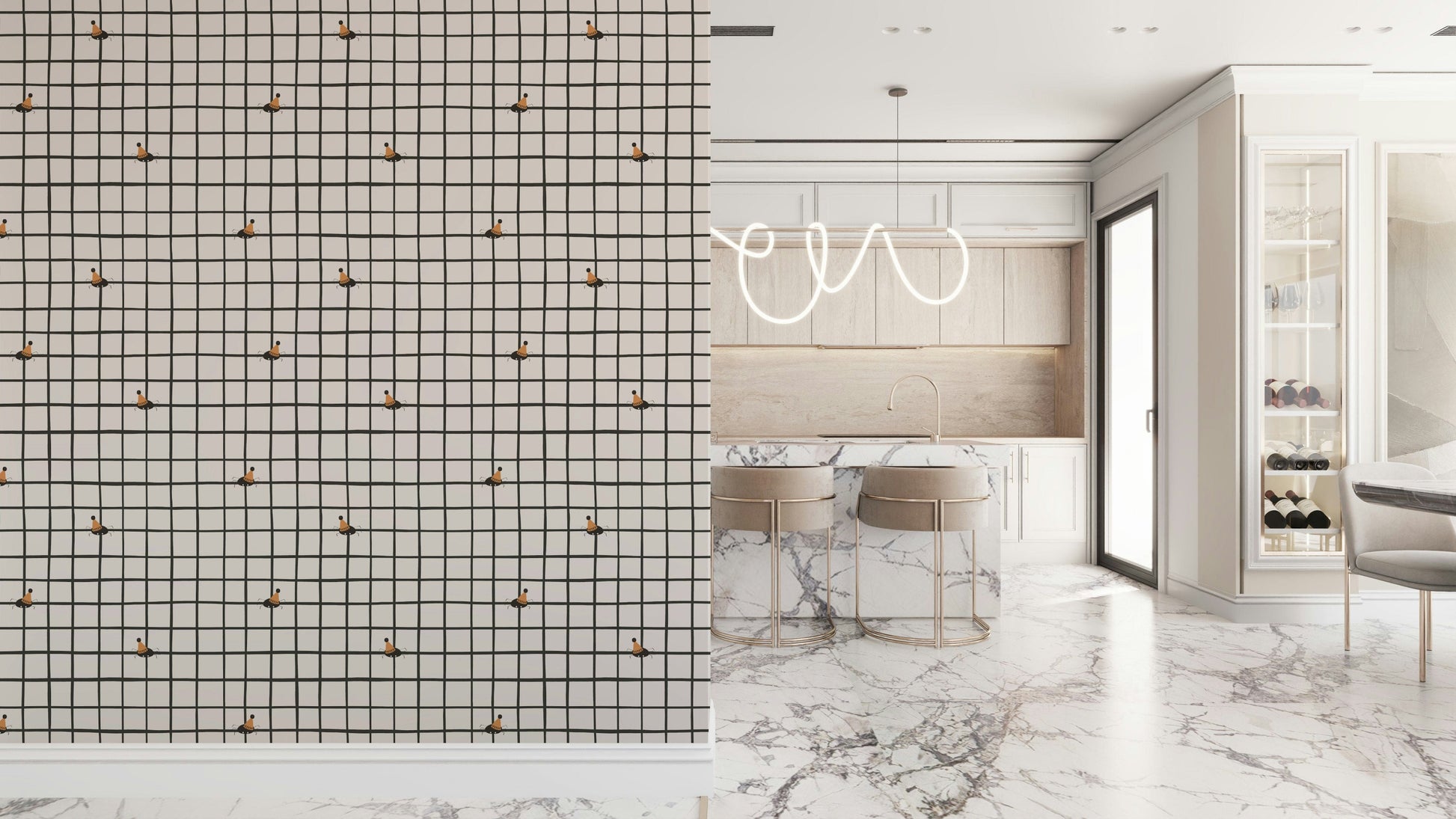 Happy insects in festive poses on a clean grid pattern.