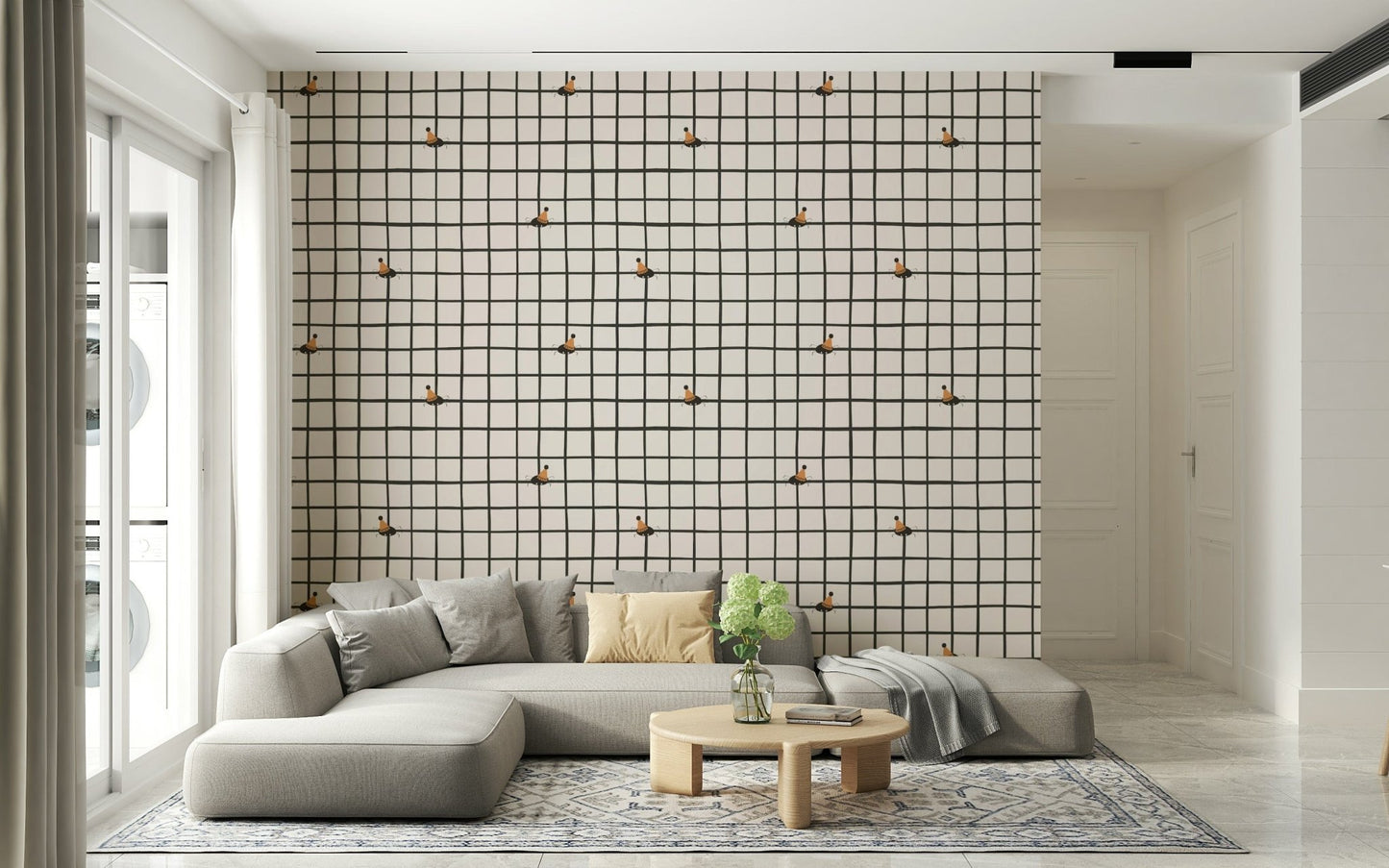 Cartoon party bugs scattered across a bright grid wallpaper.