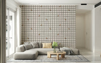 Cartoon party bugs scattered across a bright grid wallpaper.