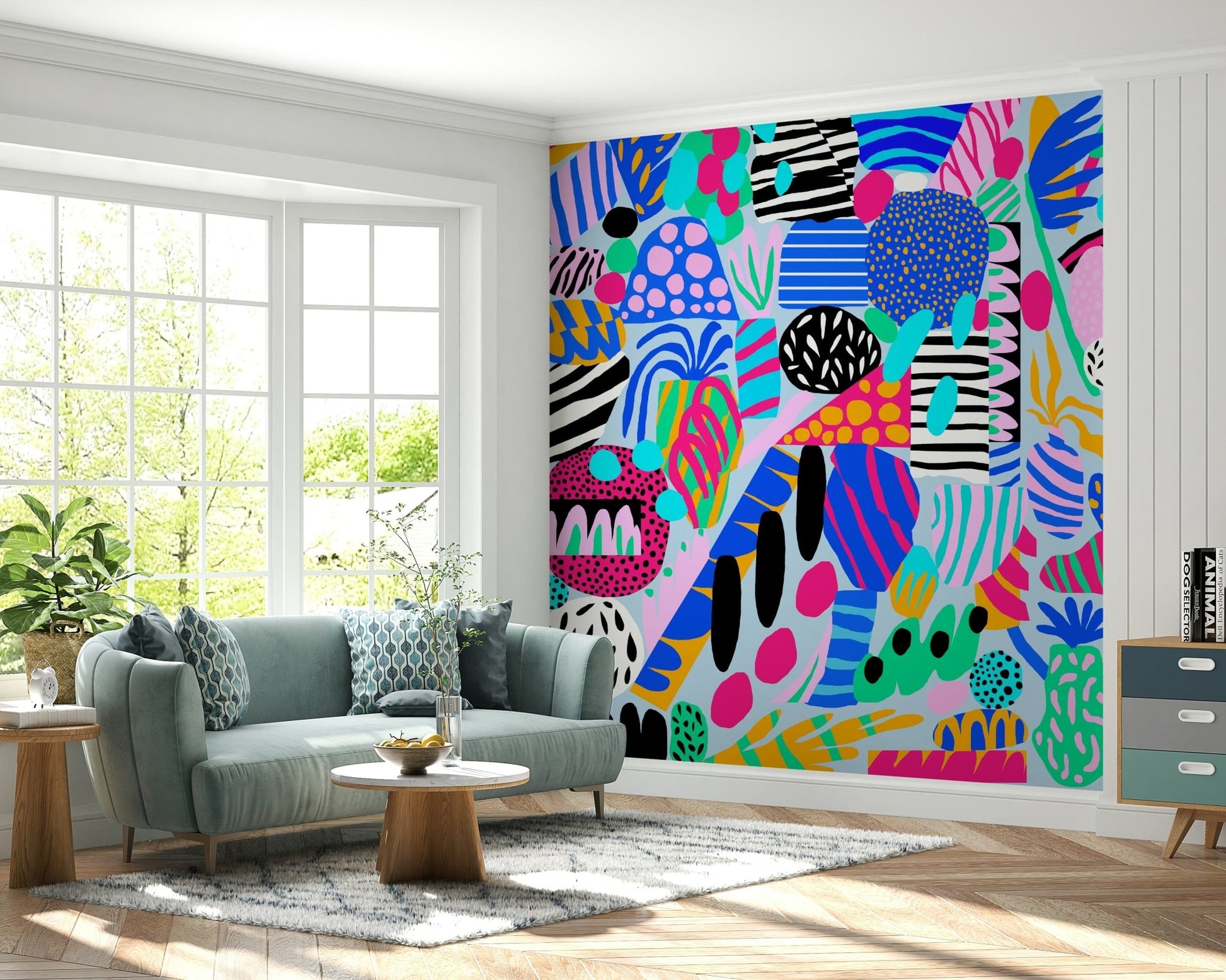 A cheerful wallpaper design full of multicolored blobs, lines, and patterns resembling party decorations.