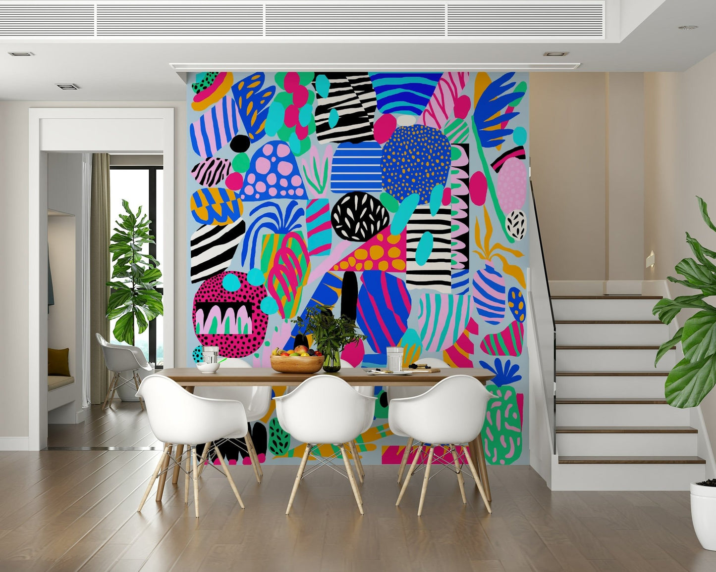 Playful wallpaper with bright graphic elements, vibrant stripes, and energetic abstract shapes.