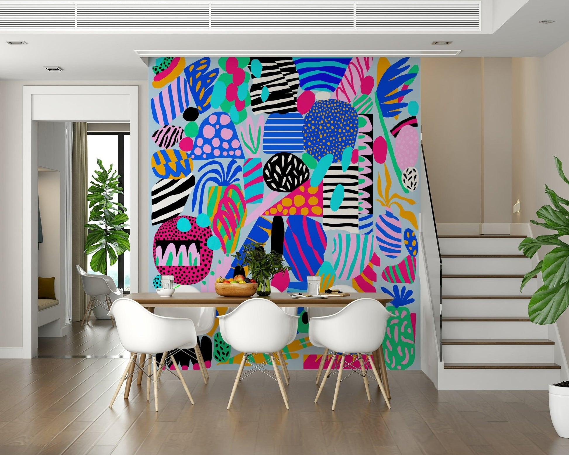 Playful wallpaper with bright graphic elements, vibrant stripes, and energetic abstract shapes.