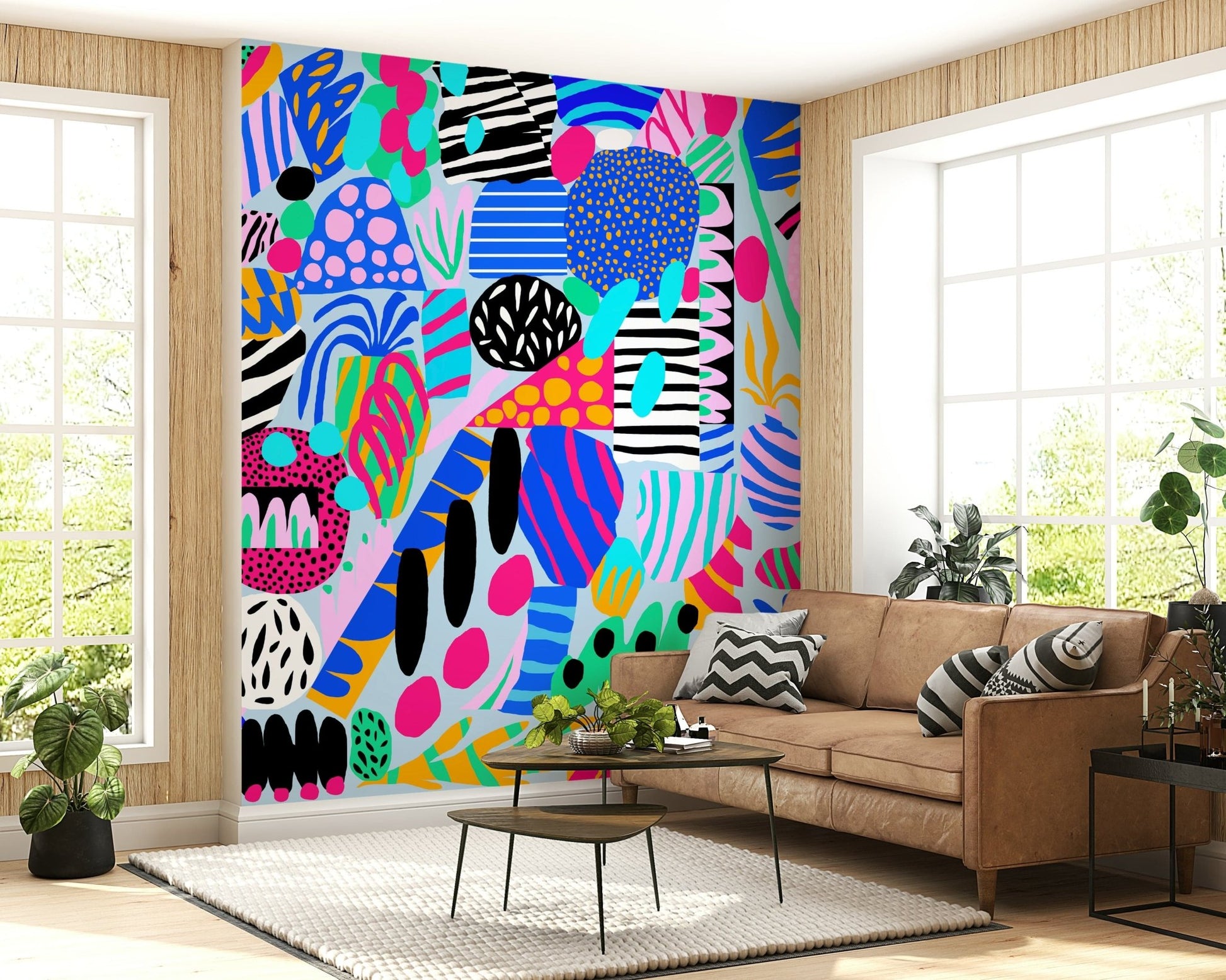 A festive wallpaper bursting with bright shapes, graphic patterns, and whimsical design elements.