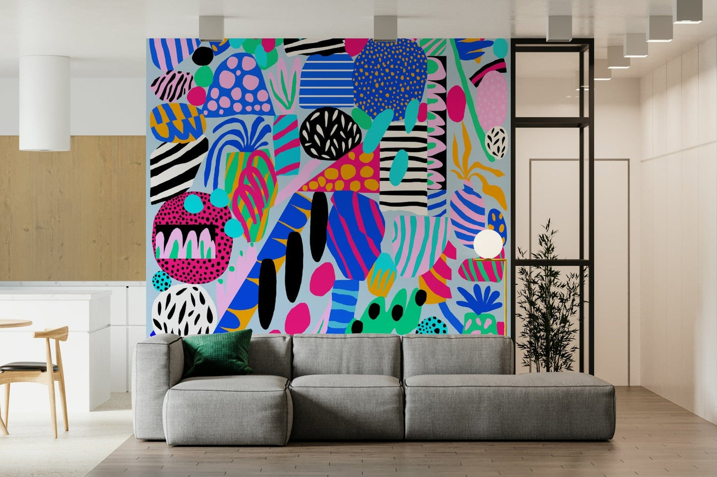 A joyful wallpaper bursting with vibrant abstract forms and playful pattern combinations.