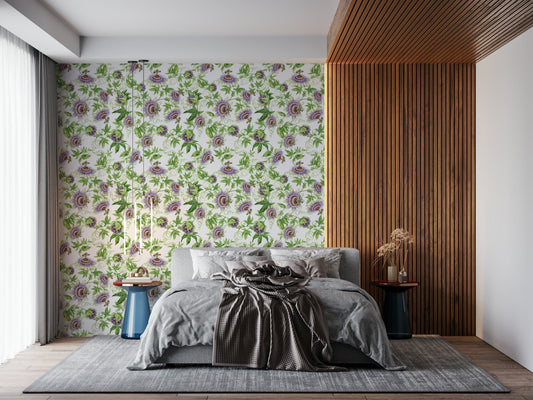 Passionflower Dream wallpaper for walls purple botanical print.