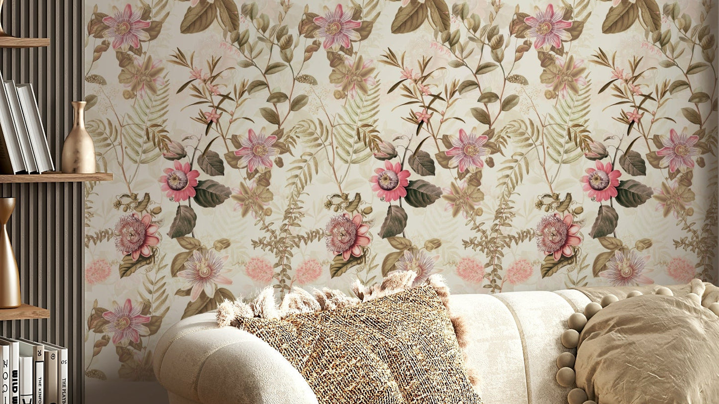 Passionflower wallpaper mural featuring bright blooms and leaves.


