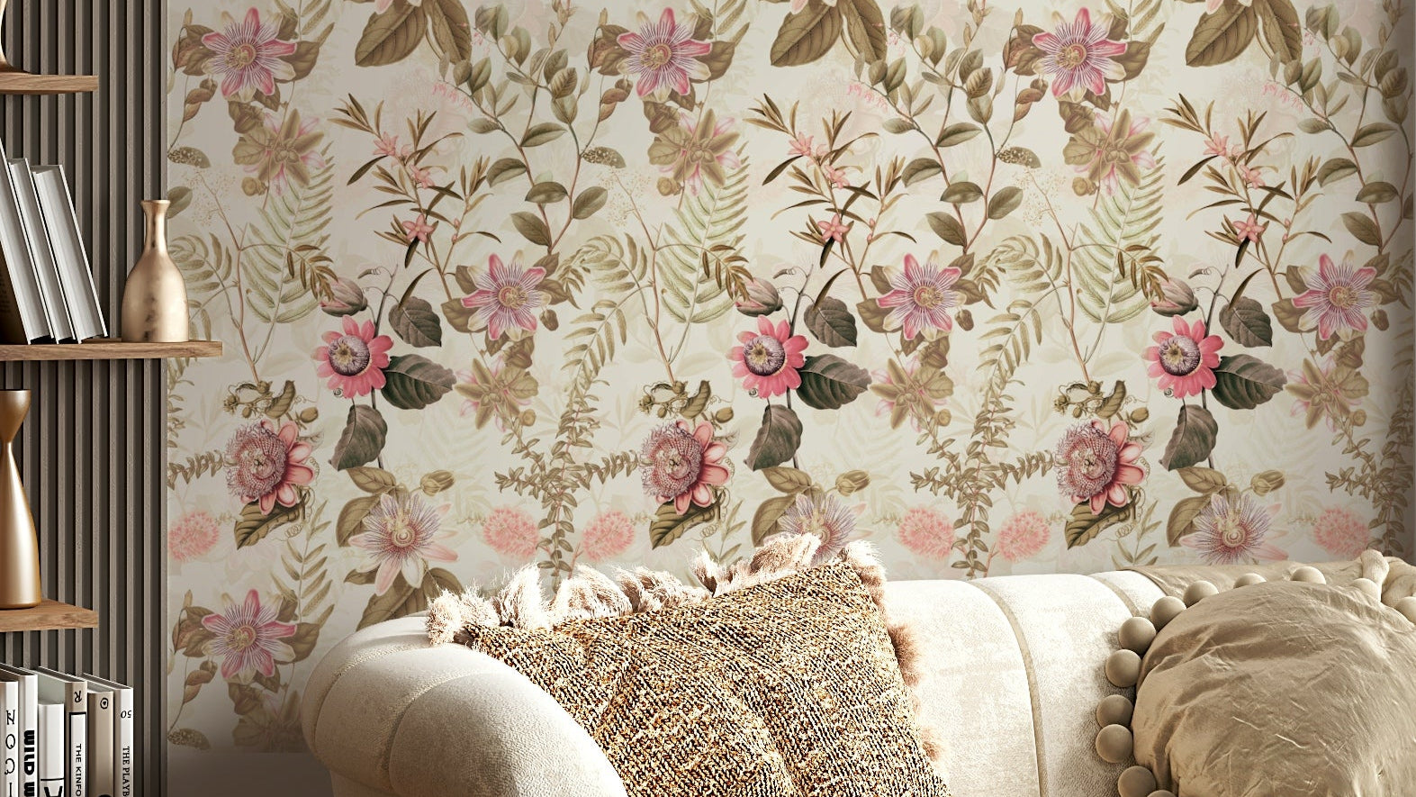 Passionflower wallpaper mural featuring bright blooms and leaves.

