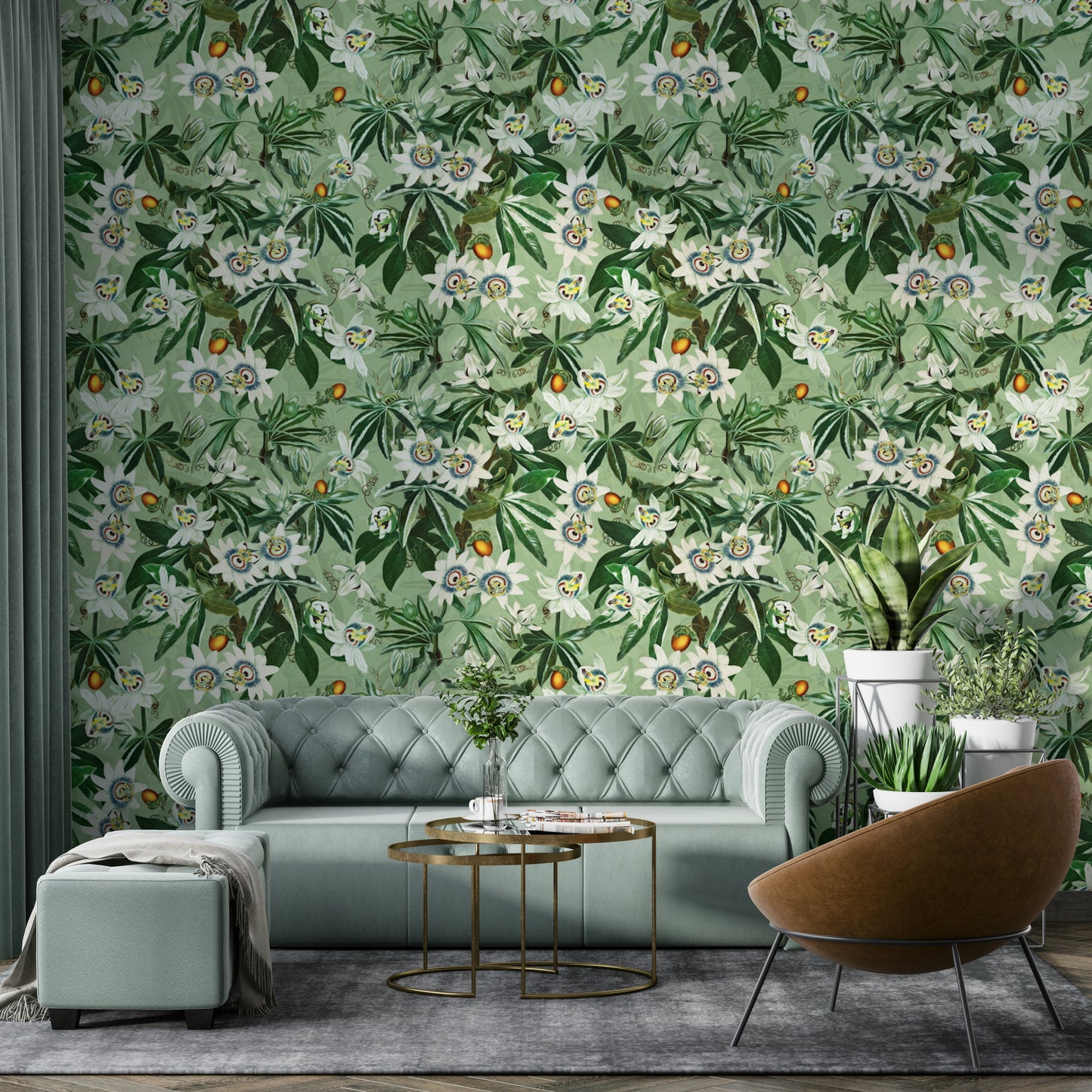 Exotic floral wall mural with rich passionflowers and detailed vines.

