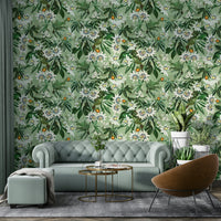 Exotic floral wall mural with rich passionflowers and detailed vines.

