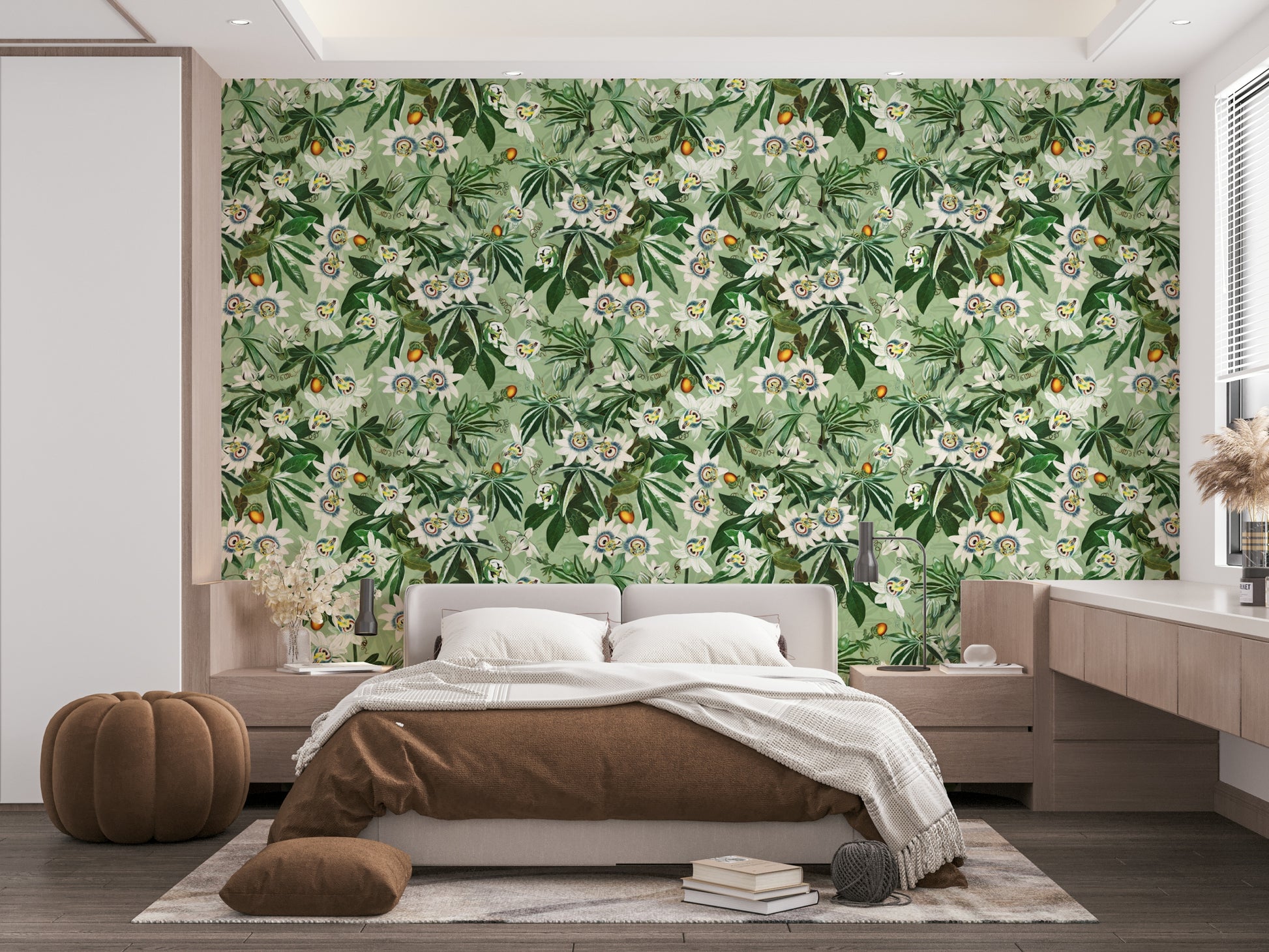 Bold tropical wallpaper with vivid passionflowers and lush leaves.

