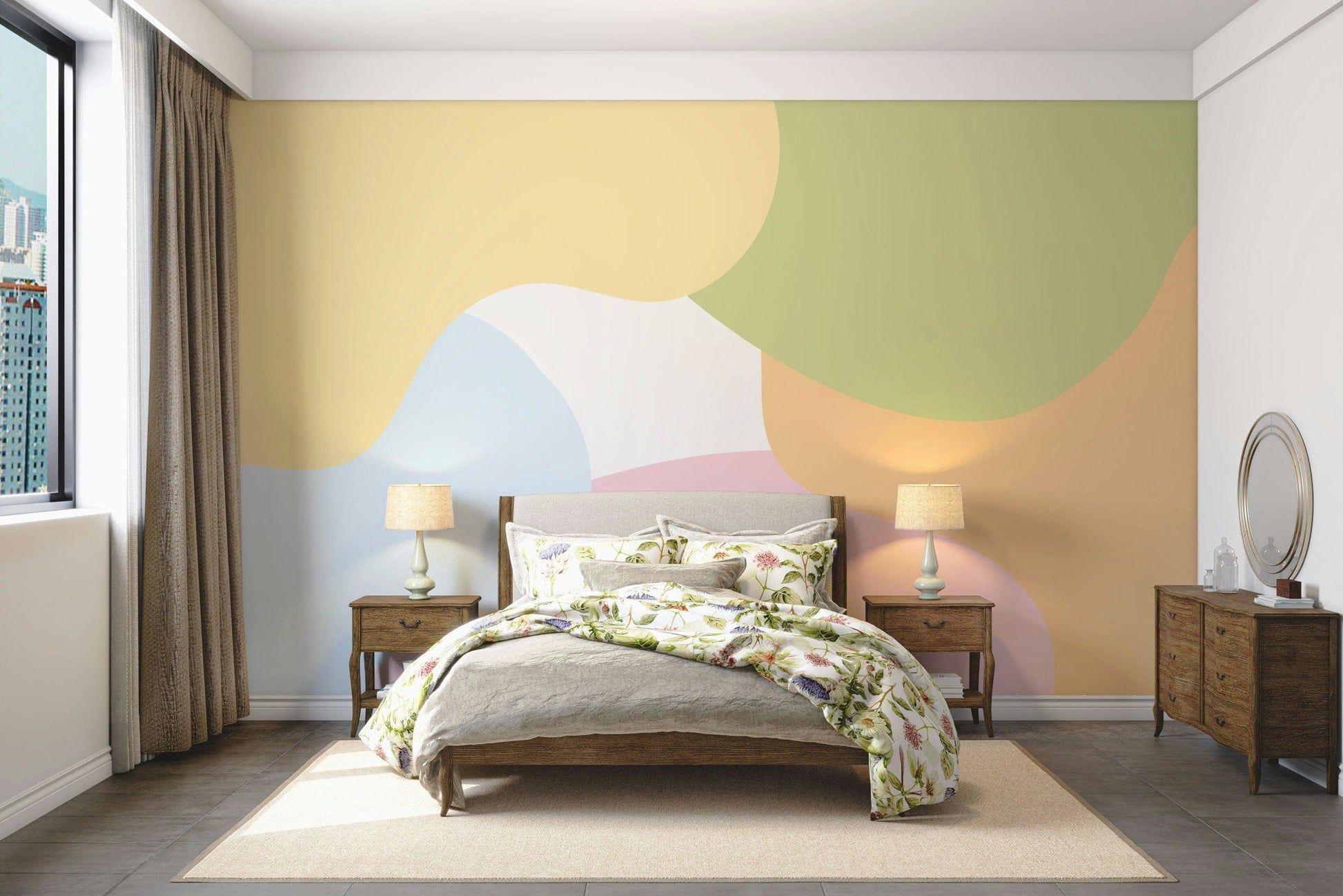 The design features a repeating pattern of abstract shapes.


