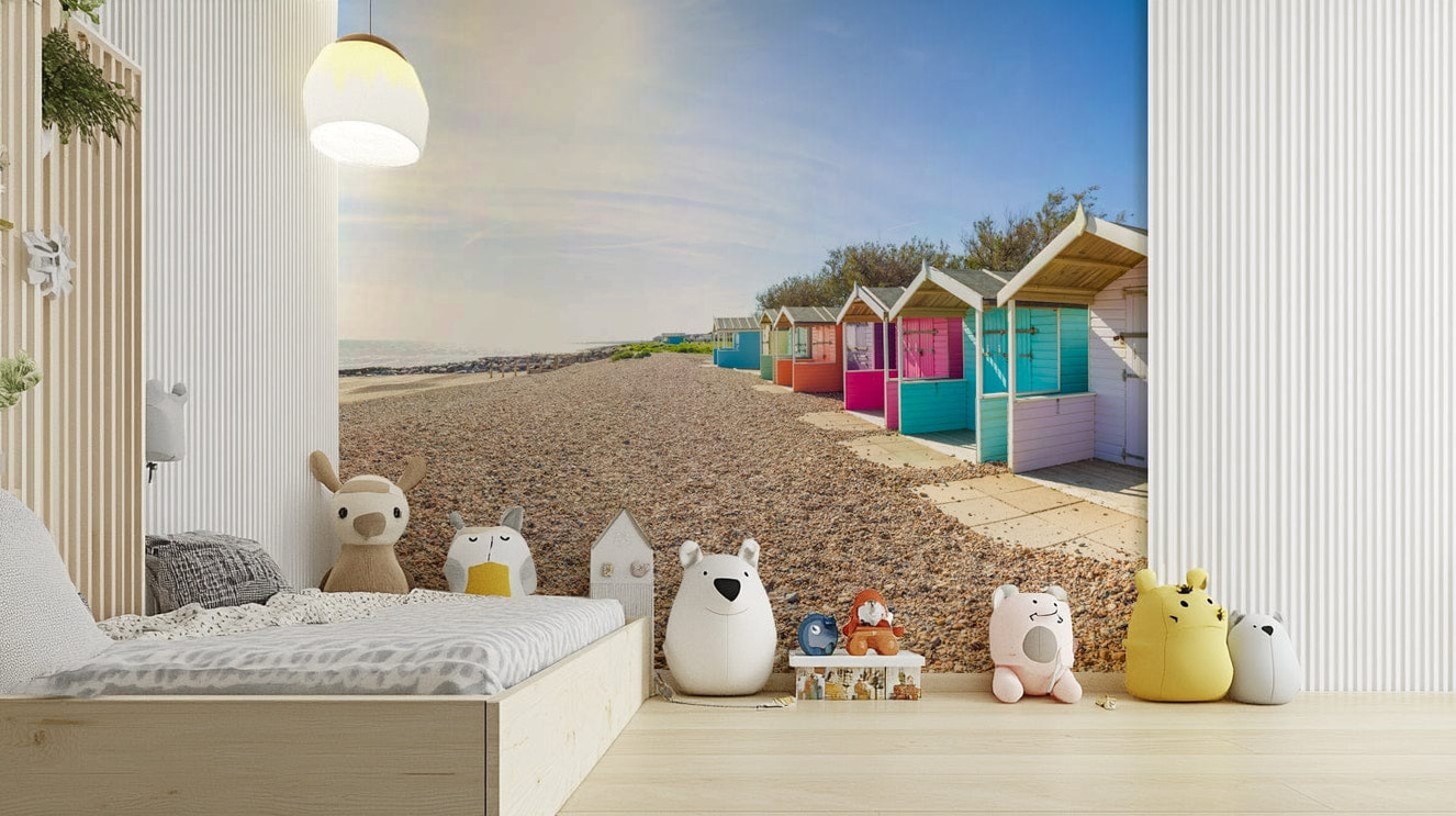 A serene beach hut scene wall mural for your decor.

