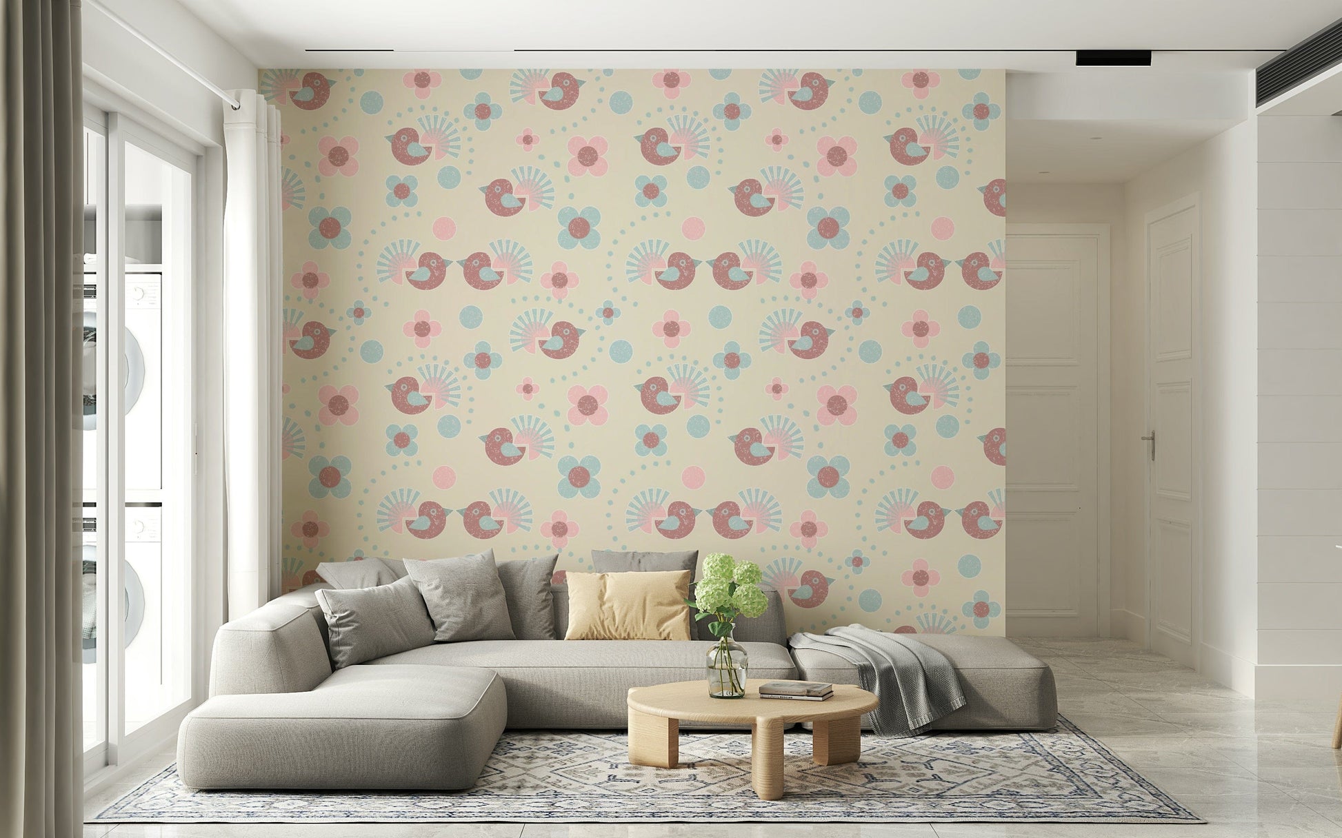 A whimsical Bird and Flower Wallpaper in soft pasteltones, showing cute birds among the blossoms.