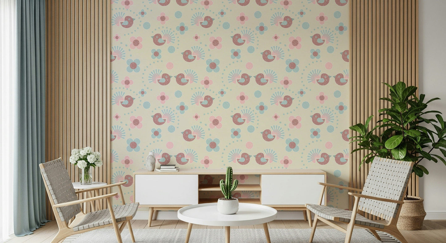 A gentle Floral Wallpaper design combining sweet illustrations of birds with pastel-colored flowers.