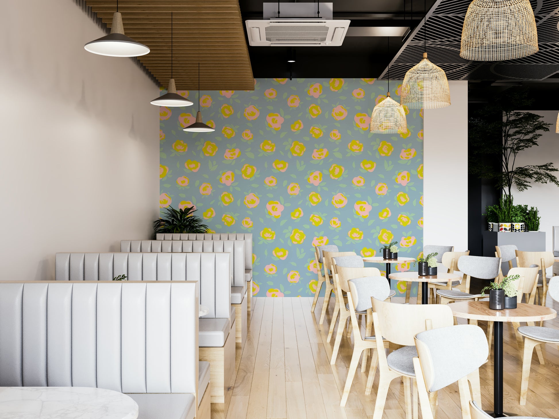Watercolor-style pastel floral wall design

