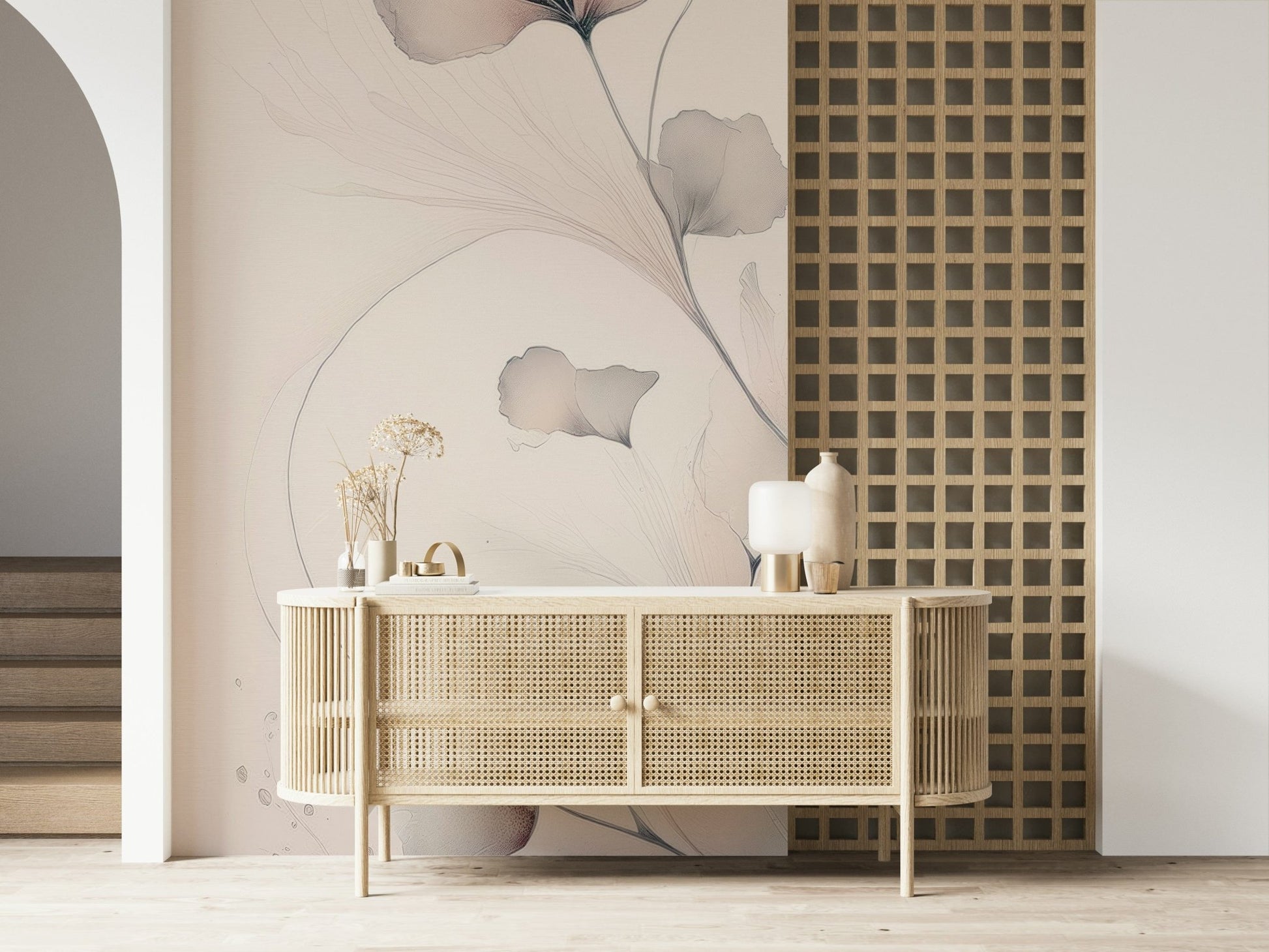 Dreamy floral mural with airy blossoms in pastel shades perfect for bedrooms or living spaces.