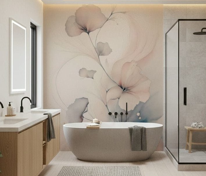 Pastel Blossom Daydream wall mural featuring soft watercolor flowers in airy, romantic tones.