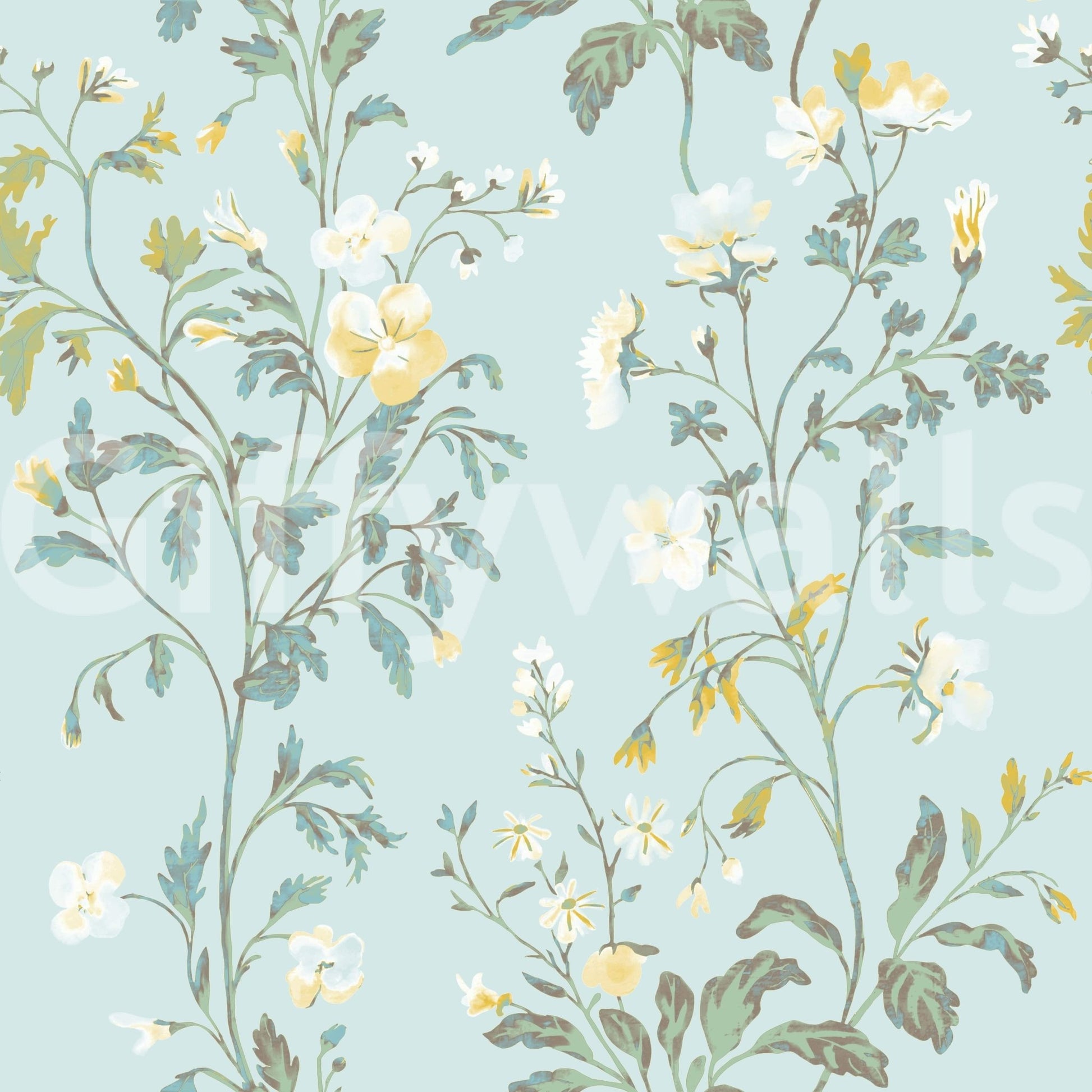 Pastel Botanical Wall Mural – Delicate leaves and flowers in light pastel shades bringing a dreamy, nature-inspired atmosphere.