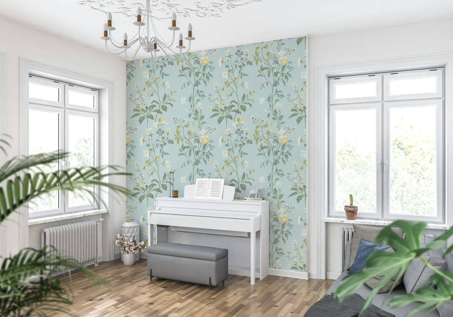 Pastel Botanical Dream Wallpaper – Soft pastel foliage and flowers creating a dreamy, serene wall décor for modern interiors.