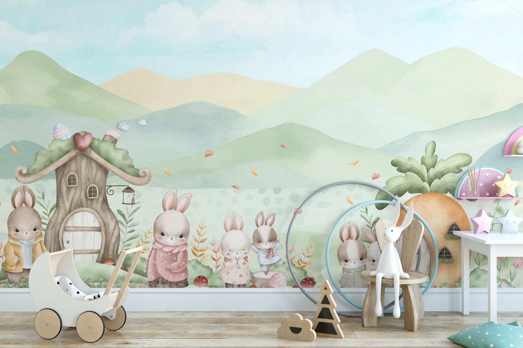 Pastel Bunny Easter wallpaper mural of dressed rabbits by a tree house in a playroom with a white toy pram