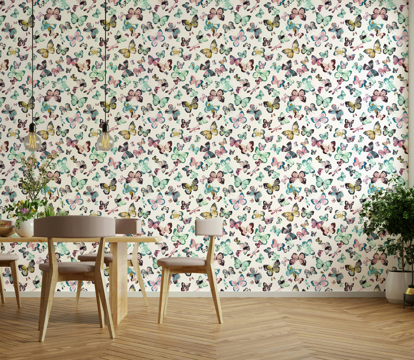 Dreamy flying butterfly wall mural in pink and green


