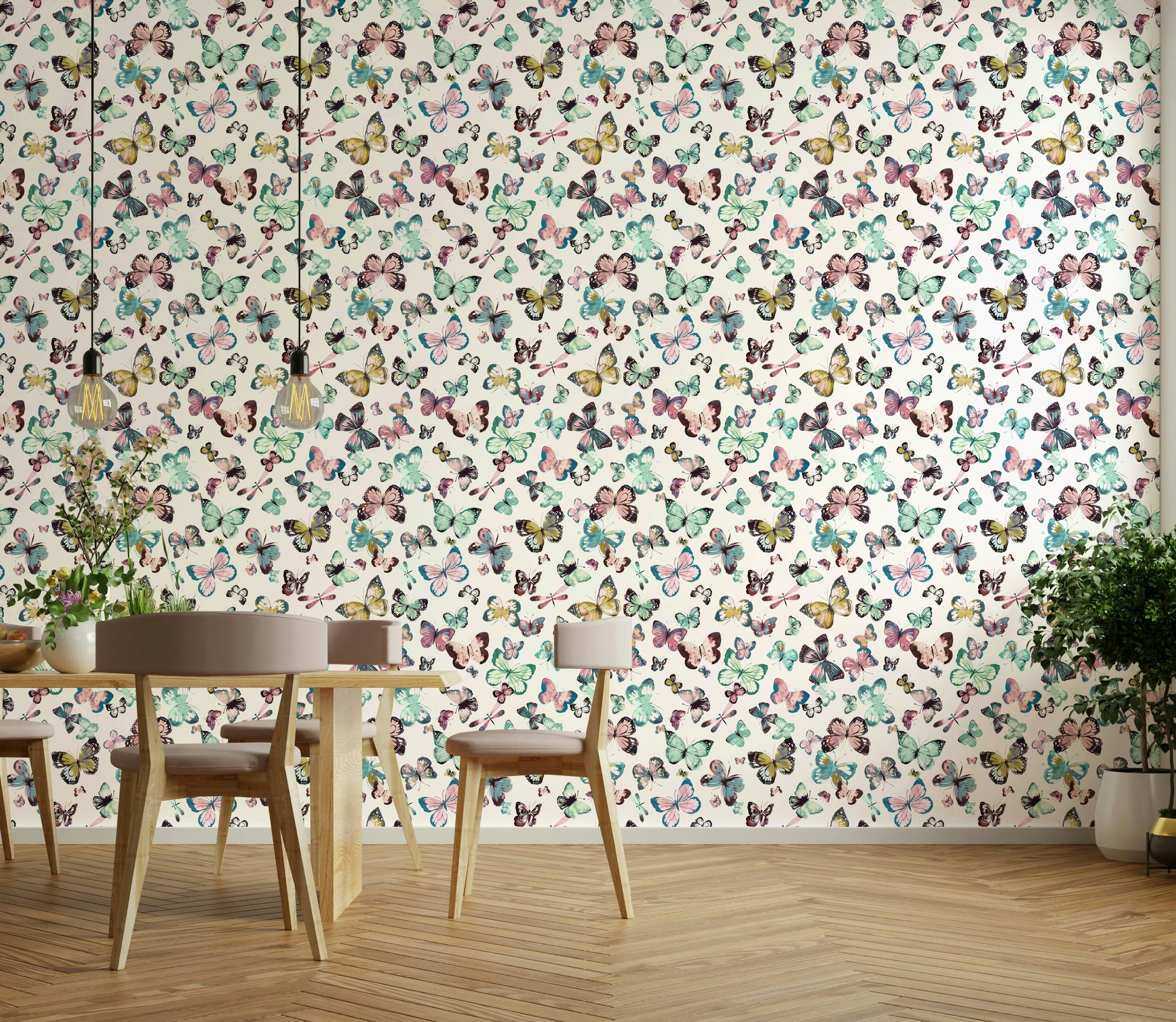 Dreamy flying butterfly wall mural in pink and green

