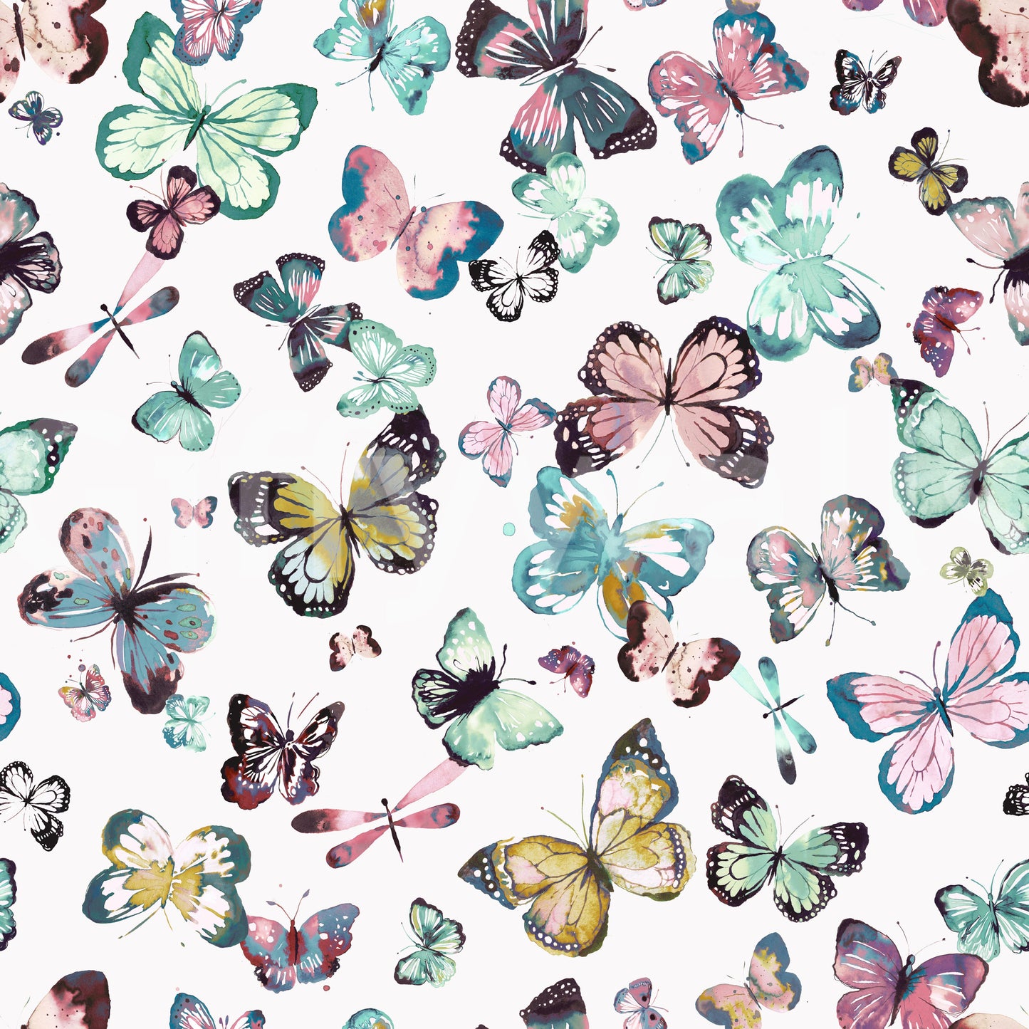 Flying Butterflies Green Pink Pastel Wallpaper⁠