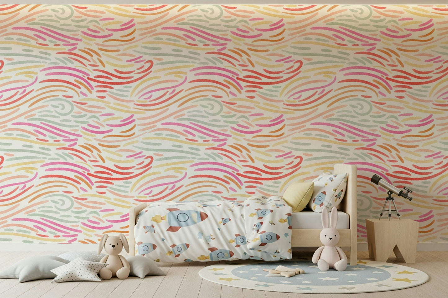 Pink and green brushstroke wallpaper for children's room, Candy Pastel Strokes.