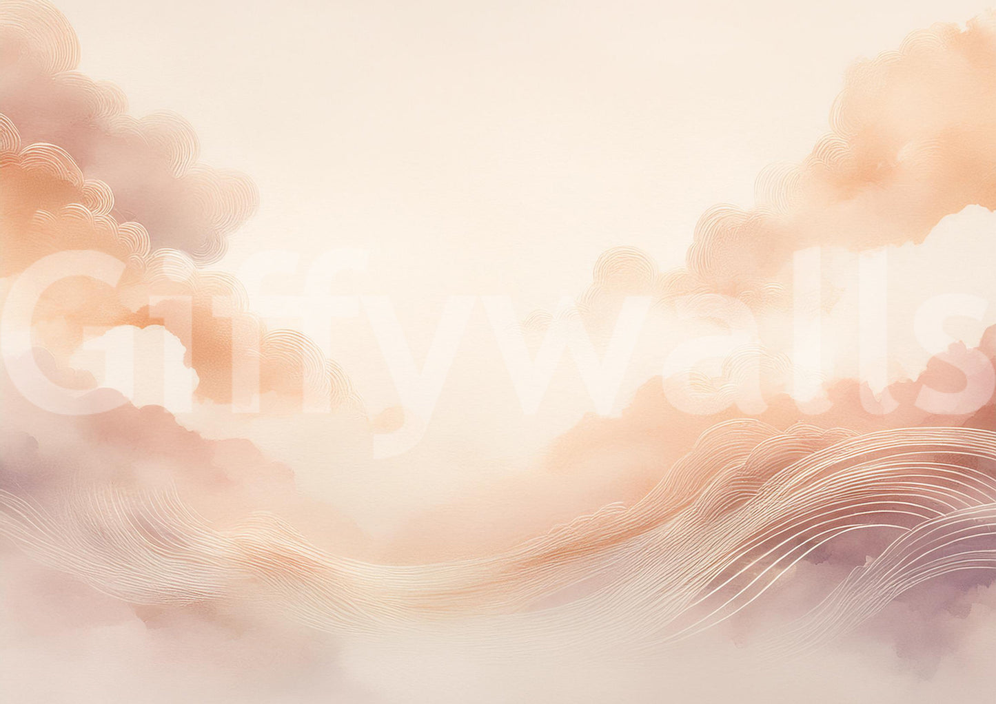 Dreamy watercolor sky mural in a bright apartment dining area.