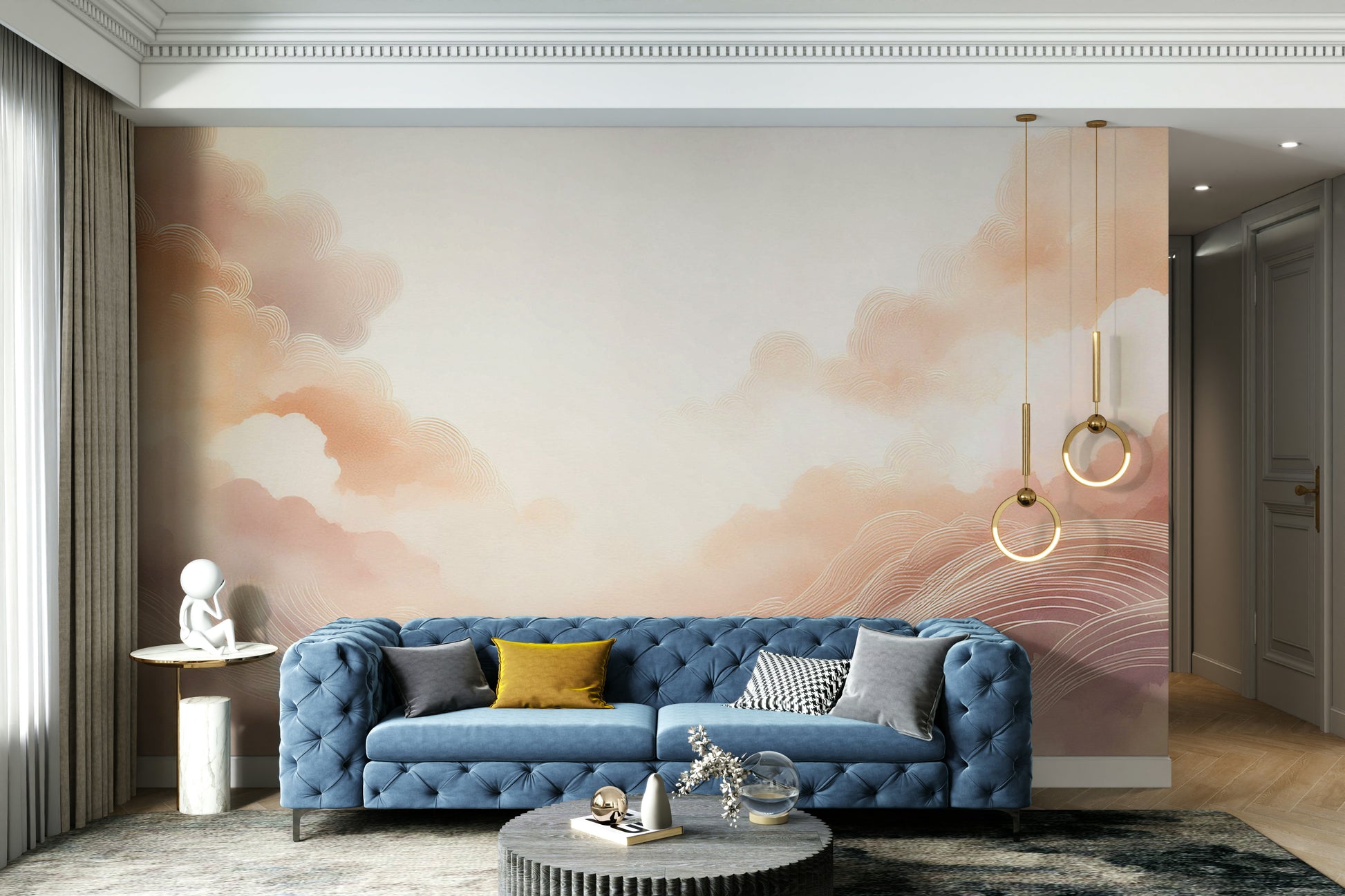 High-resolution print of drifting clouds for a modern guest suite.