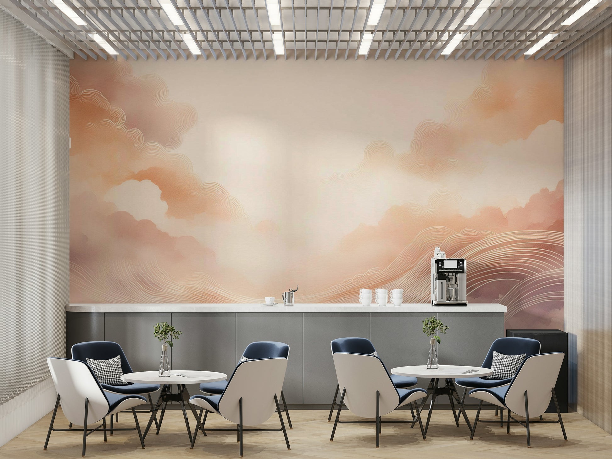 Modern apartment feature wall showcasing a dreamy sunset sky mural.