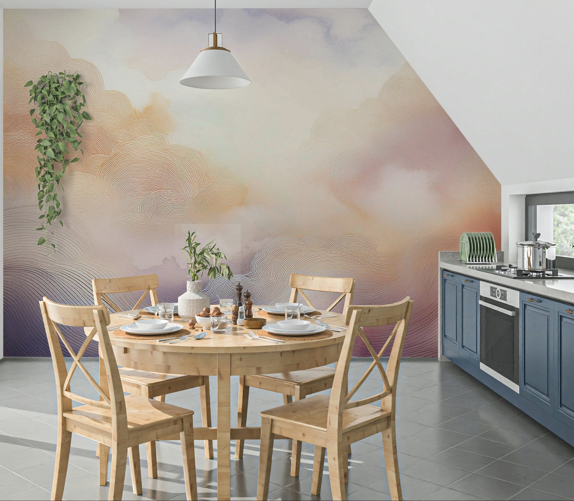 Pastel Cloud Dreamscape Wall Mural in a modern nursery with white crib and soft rug.