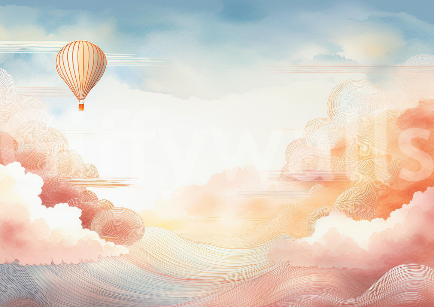 Close-up of intricate soft cloud shading in blue and pink watercolour hues.