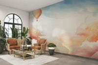 Matt finish sky scene wallpaper for a guest suite feature wall with grey accents.