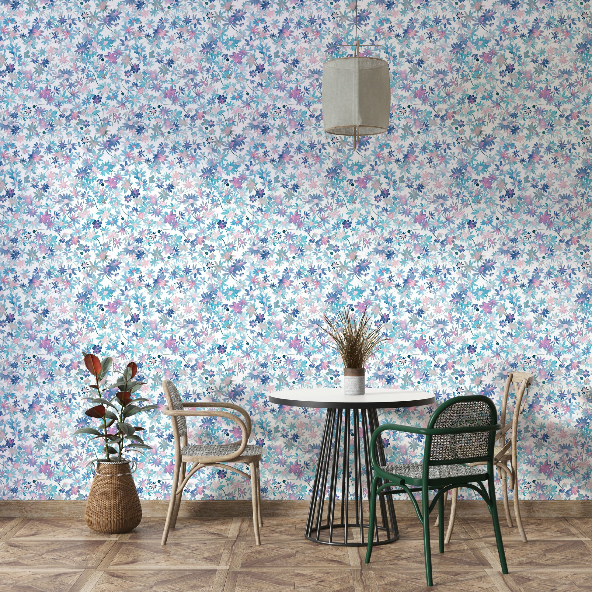 Romantic daisy mural with watercolor petals

