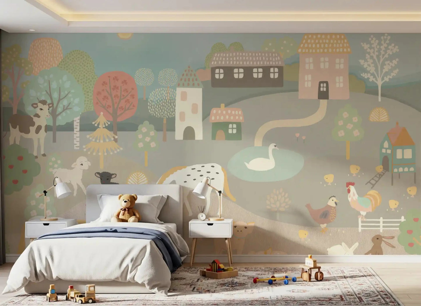 Hand-drawn Pastel Farm Story Wall Mural for children room with a rabbit and rooster