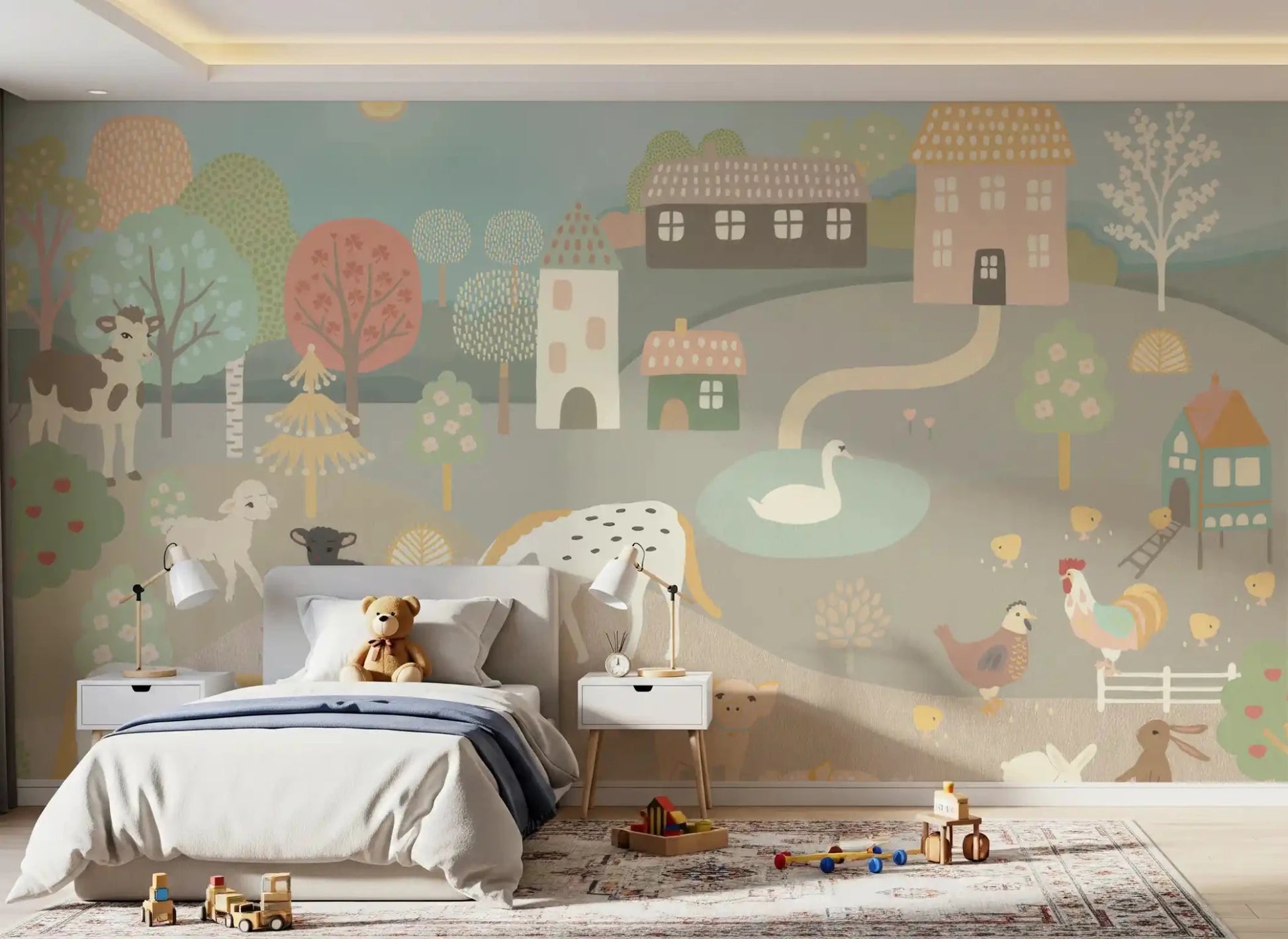 Hand-drawn Pastel Farm Story Wall Mural for children room with a rabbit and rooster